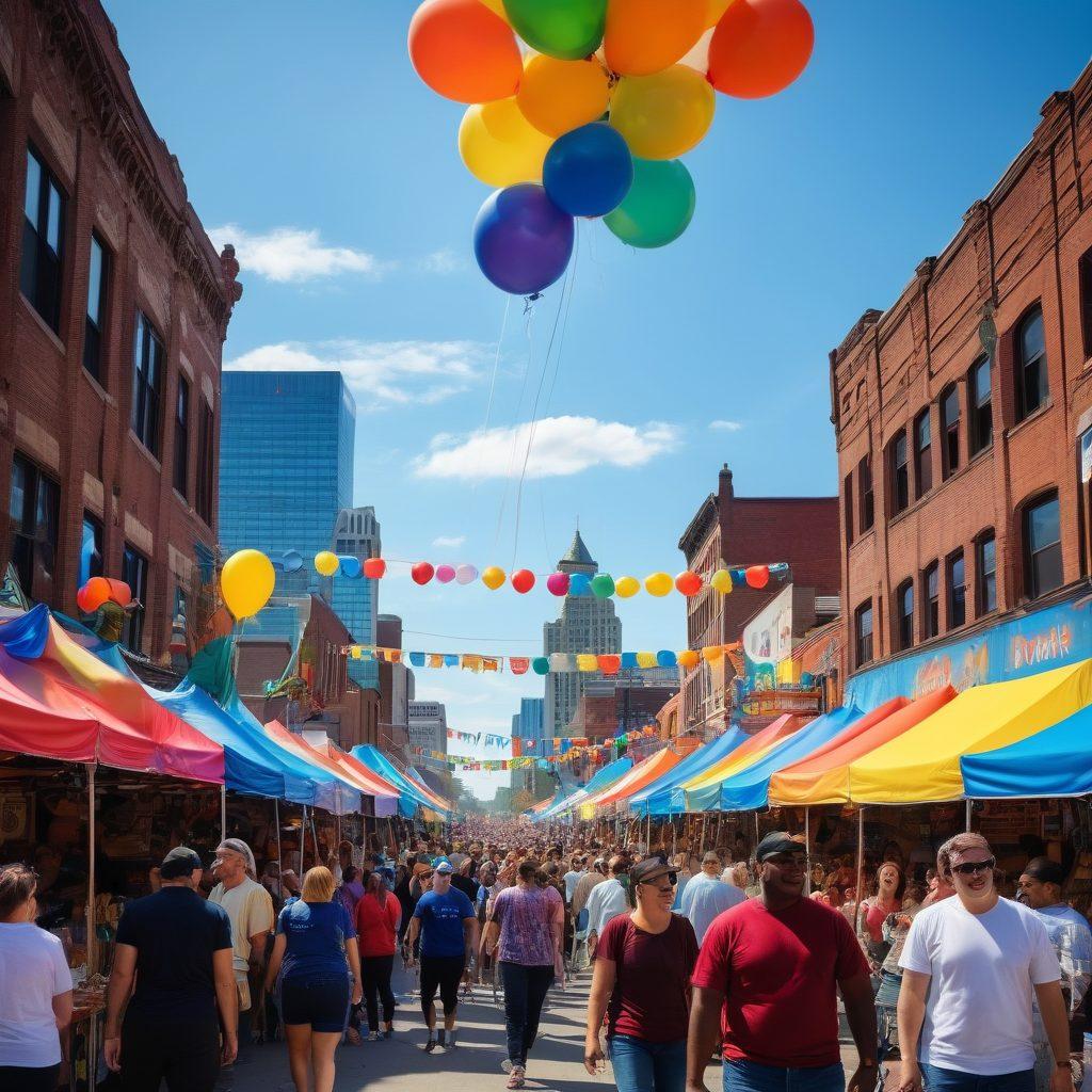 A vibrant scene showcasing a diverse group of people joyfully participating in a city festival in Detroit, surrounded by colorful booths and food stalls. The backdrop features iconic Detroit landmarks, with balloons and banners adding to the celebratory atmosphere. People of all ages, laughing and engaging, reflect unity and cultural richness. The sky is bright blue, symbolizing a sunny day. super-realistic. vibrant colors. painting.