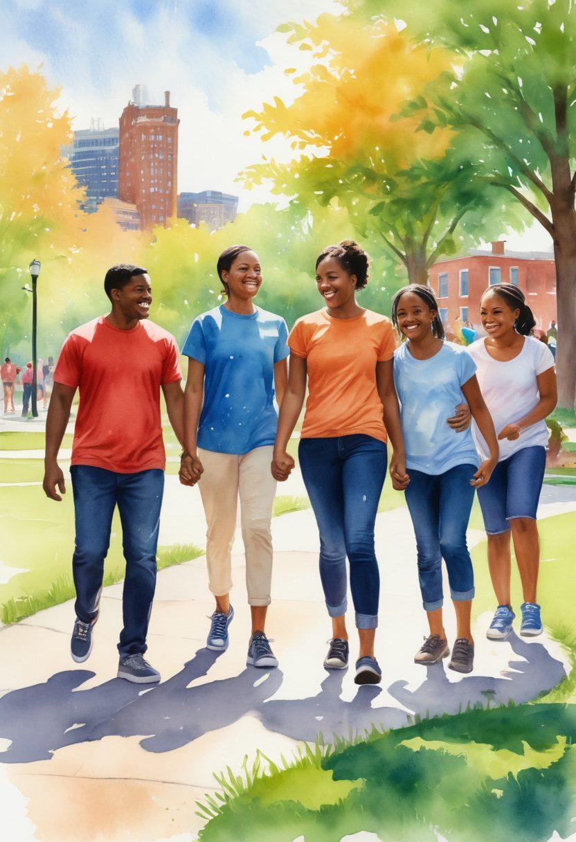 A vibrant scene depicting a diverse group of people engaging in a community activity in a Detroit park, showcasing warmth and connection. Include elements like smiling children, families with different backgrounds, and a backdrop of urban architecture, symbolizing strength in relationships. Soft lighting to evoke affection and community spirit. watercolor style. vibrant colors.