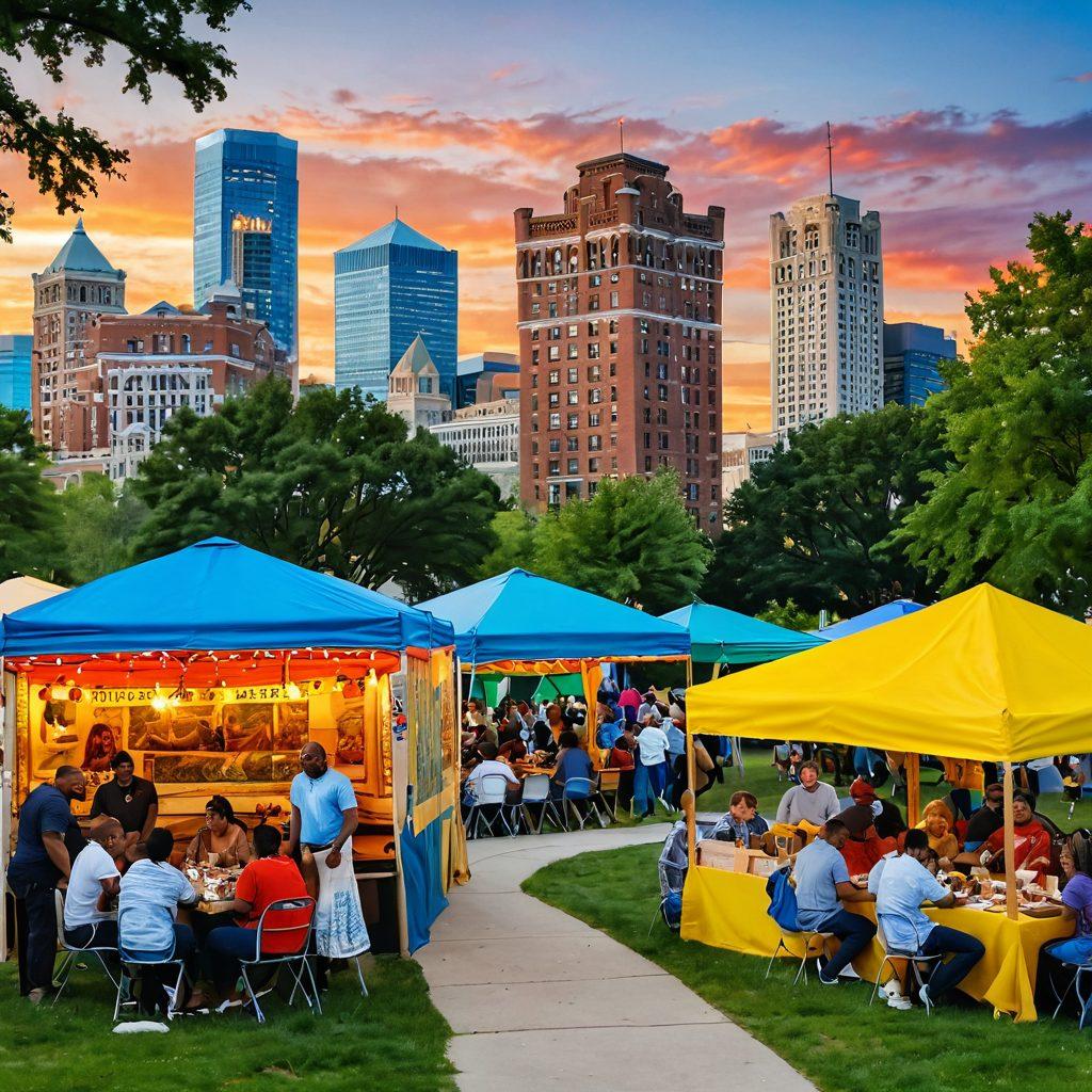 A vibrant community gathering in Detroit's park, showcasing diverse groups of friends sharing joyful moments, laughter, and connections. Include elements like food stalls, local musicians playing, and colorful banners representing different cultures. The scene captures the warmth and spirit of friendship, with iconic Detroit architecture in the background. super-realistic. vibrant colors. uplifting atmosphere.